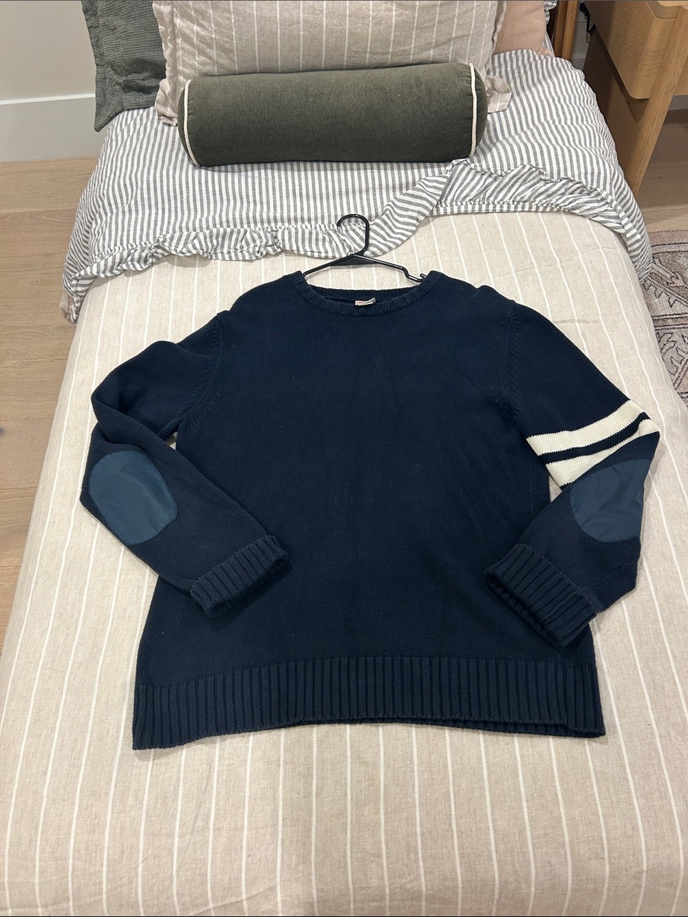 Birdwell Navy Crewneck Sweater with Cream Sleeve Stripe and Navy Elbow Patches